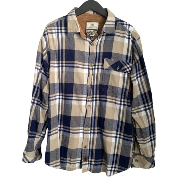 Legendary Whitetails The Original Buck Camp Men's Flannel Shirt Large Blue Tan - Picture 1 of 7